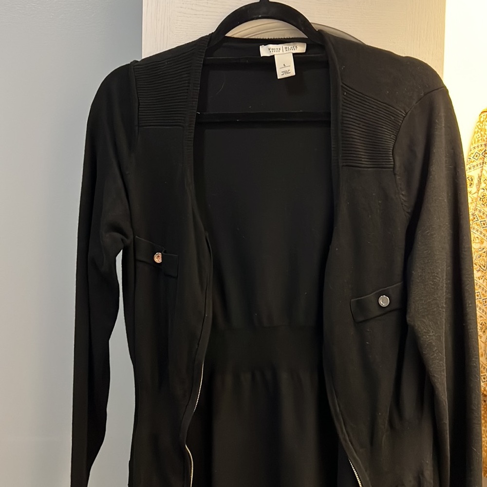 White House Black Market Full Zip Sweater L Large Black Ribbed Cinch Waist Scoop